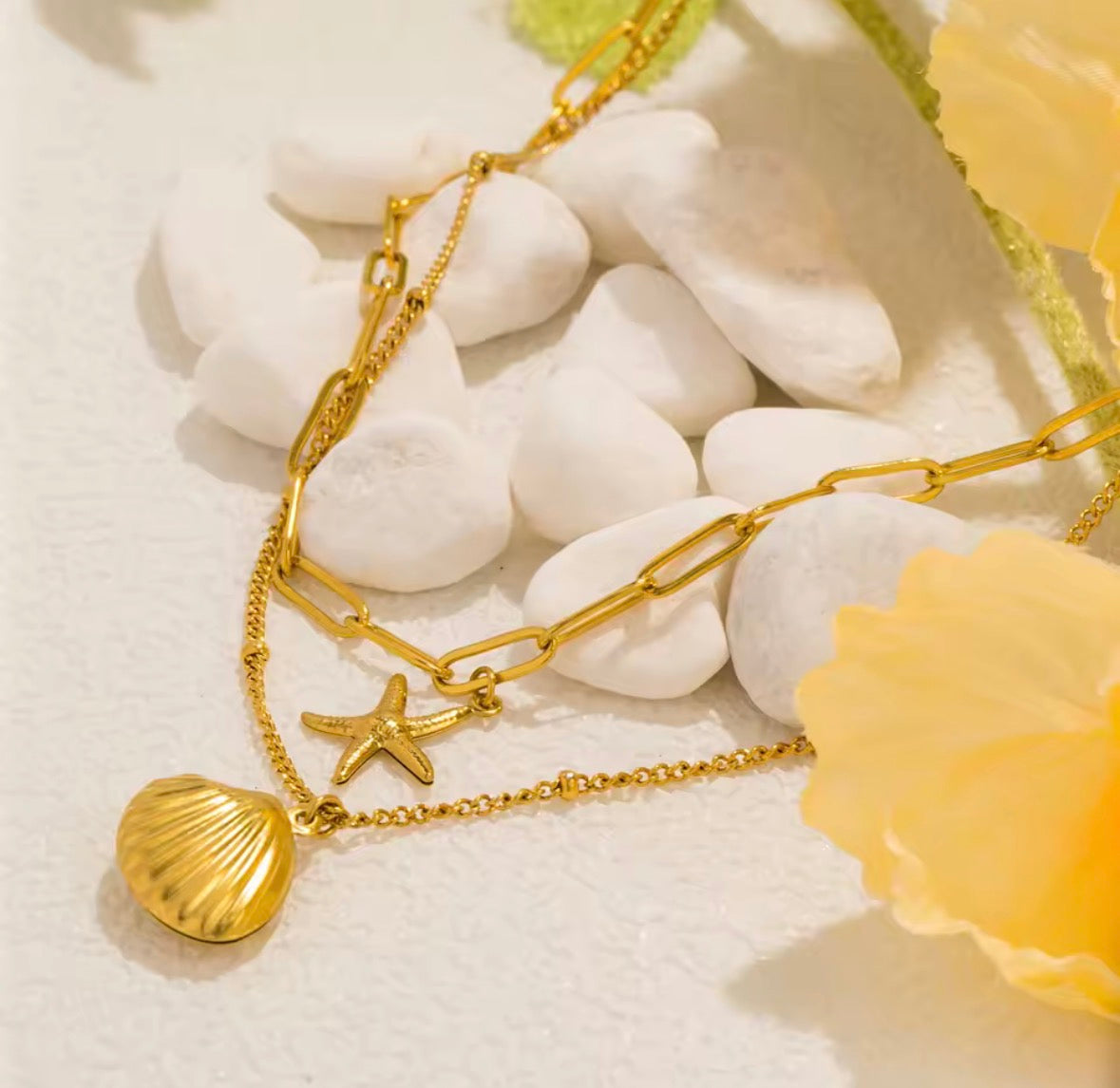 Double Layered Shell & Starfish Necklace – Waterproof Gold Stainless Steel, Tarnish-Free Summer Beach Jewellery | Sabrina & Shine
