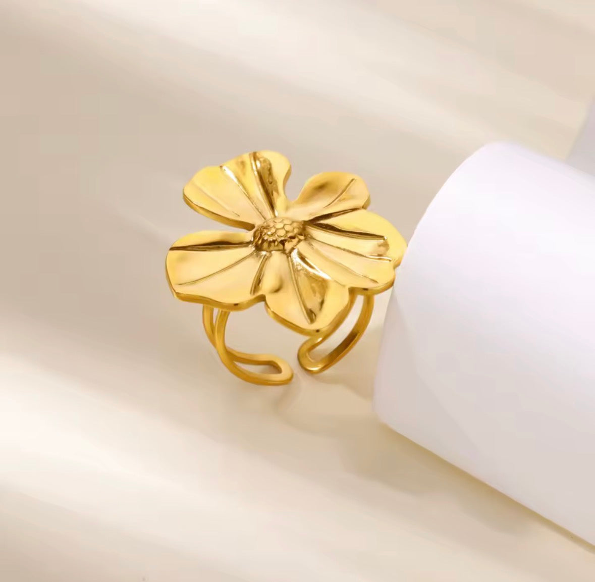 Gold Flower Ring – Stainless Steel Wide Band Elegant Floral Statement Ring, Waterproof Daily Jewellery | Sabrina & Shine