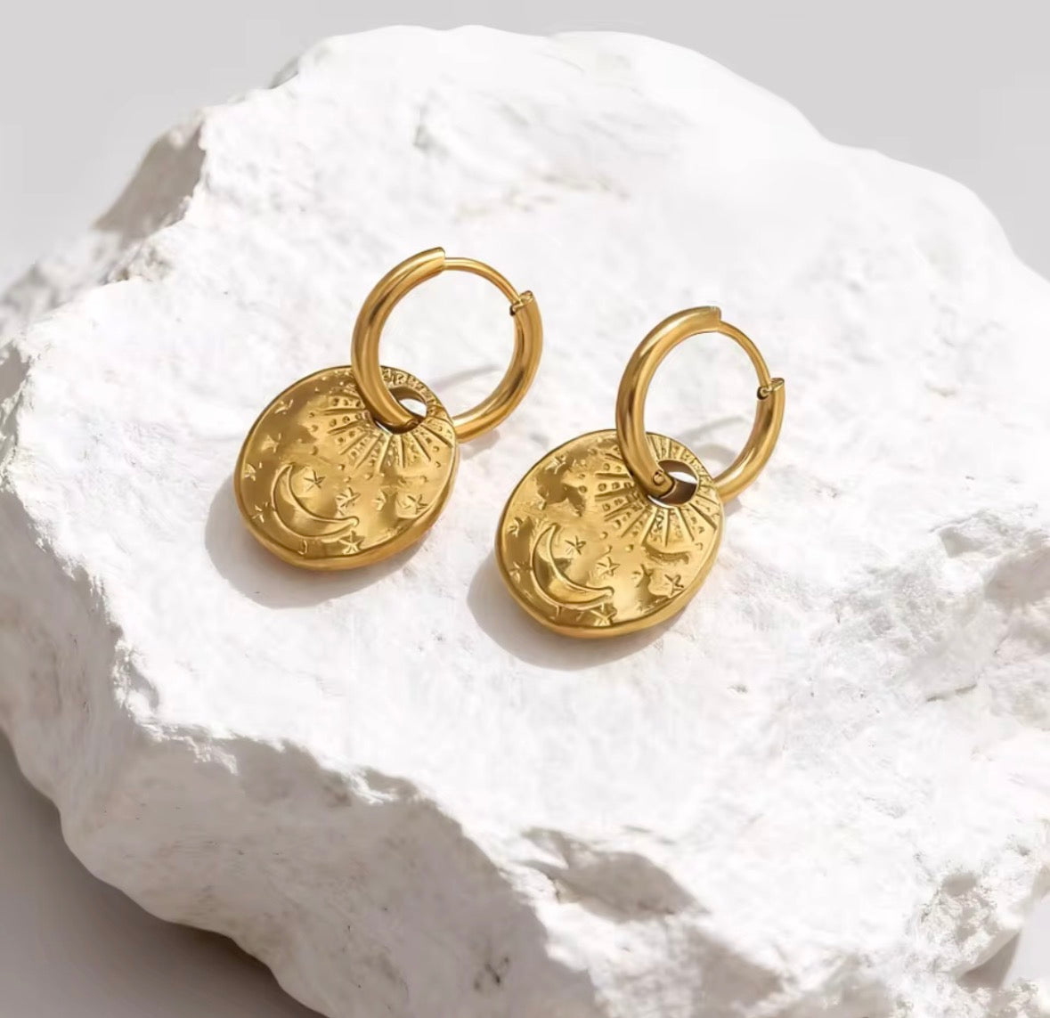 Gold Hoop Dangle Earrings – PVD Stainless Steel Waterproof Boho Jewellery | Sabrina & Shine