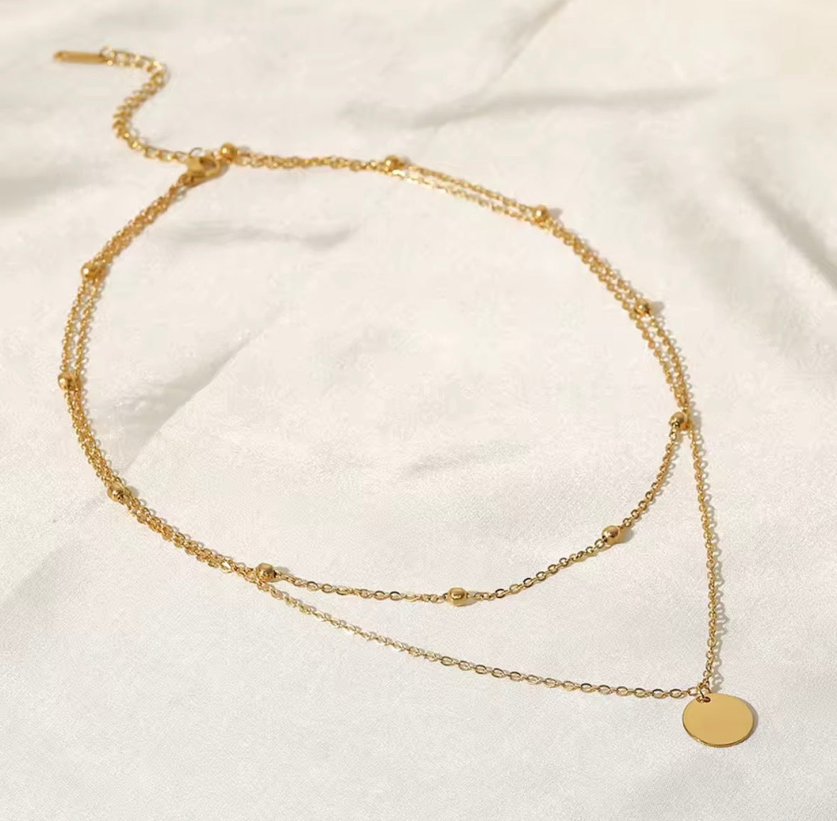 18K Gold Plated Double Layer Necklace – Waterproof Stainless Steel Mini Bead Chain with Disc Pendant | Sabrina & Shine