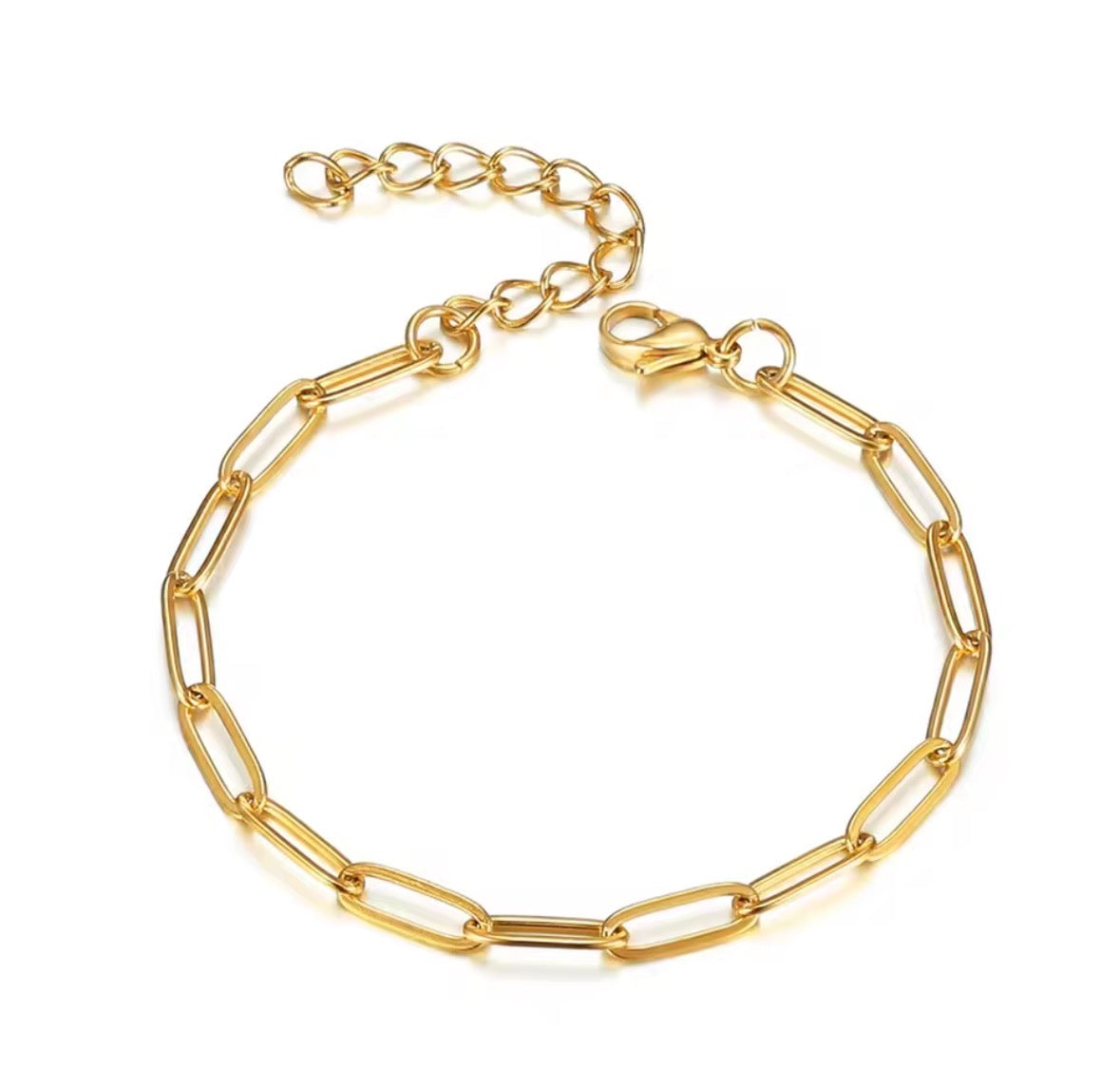 A gold paperclip chain bracelet with a lobster clasp and extender chain, displayed on a clean white background.
