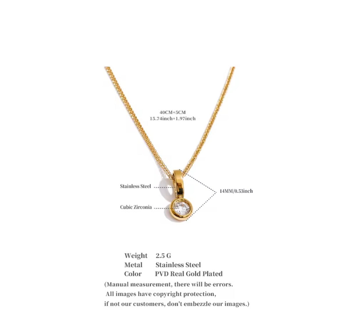 A gold cable zirconia pendant necklace on a white background, with measurement labels, weight details, and material information printed around it.