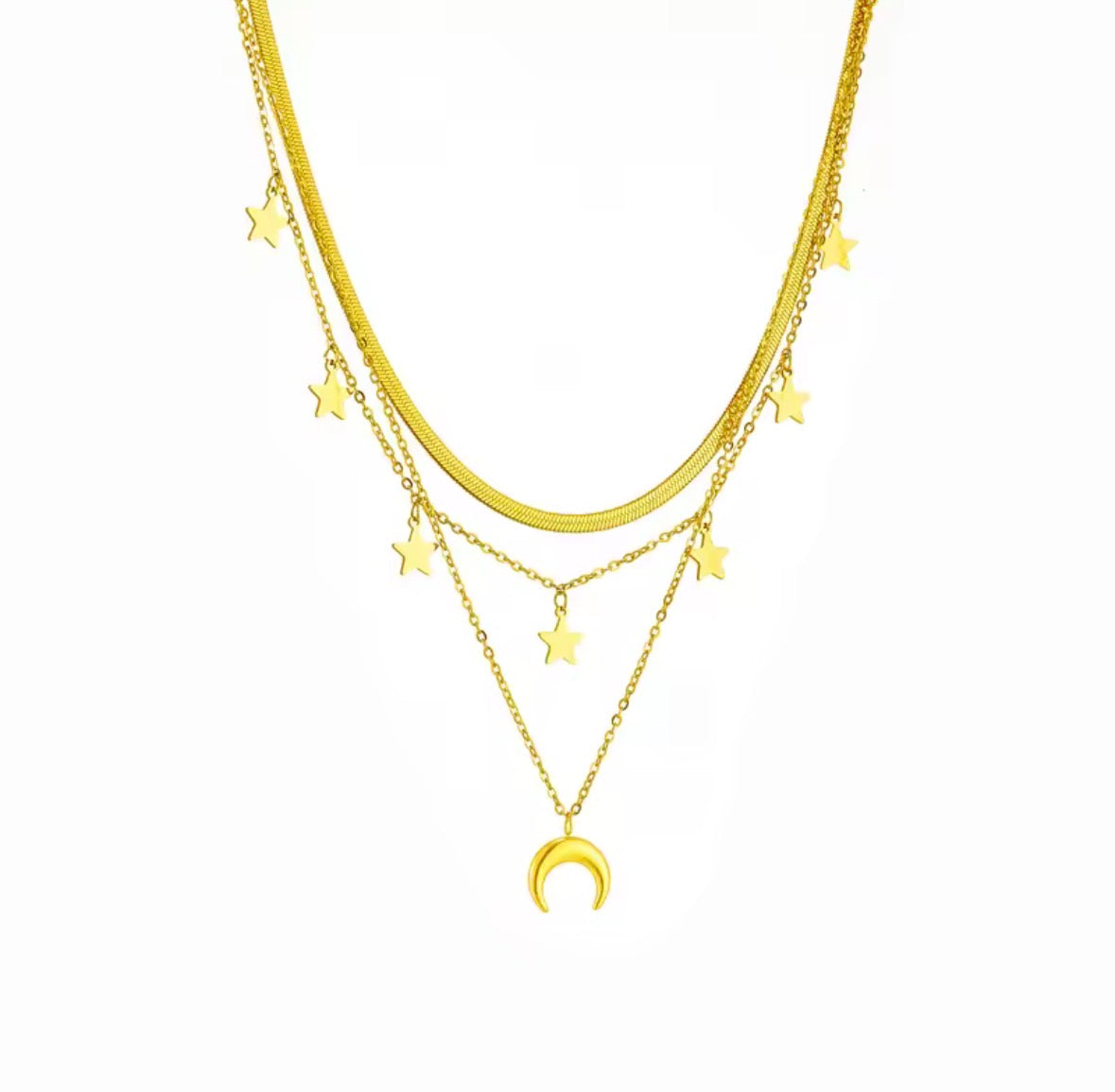 3-in-1 Moon & Stars Layered Gold Necklace – Waterproof 316L Stainless Steel, Tarnish-Free Vintage Style | Sabrina & Shine