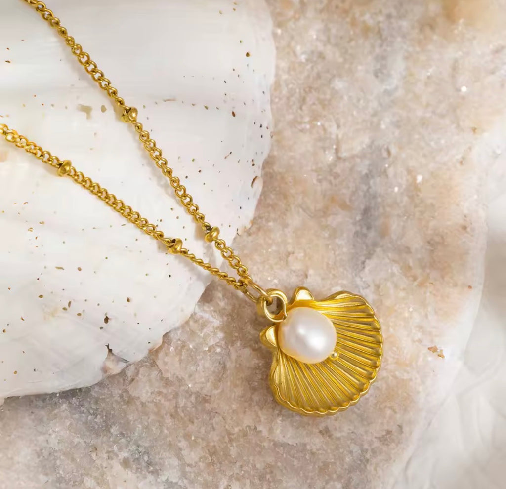 Close-Up of The Marina Shell Pendant with Real Pearl Necklace