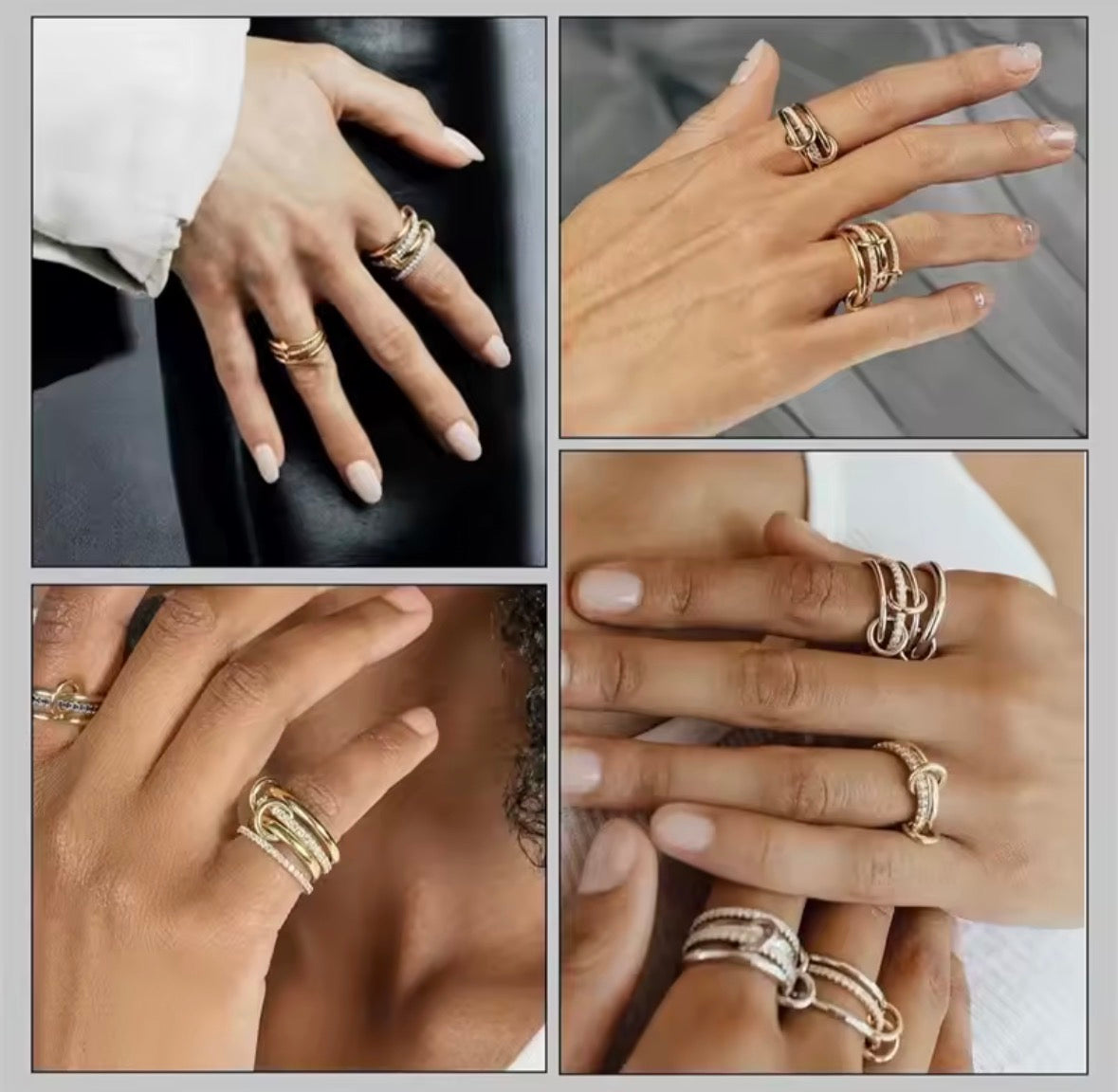 Collage of hands wearing  The Harmony Ring Set on fingers