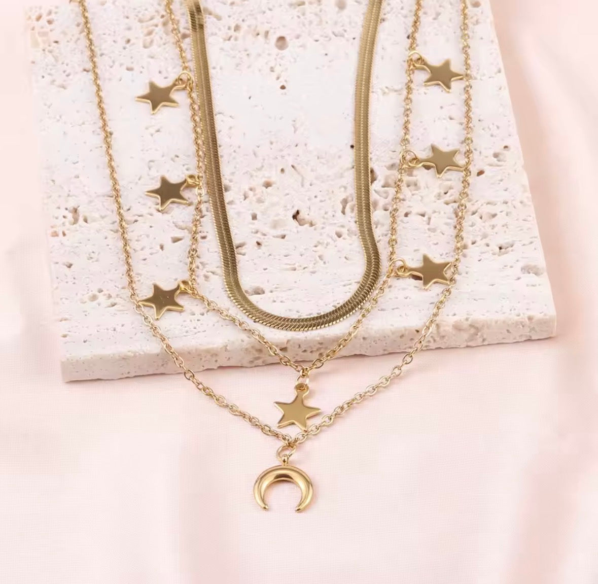 3-in-1 Moon & Stars Layered Gold Necklace – Waterproof 316L Stainless Steel, Tarnish-Free Vintage Style | Sabrina & Shine