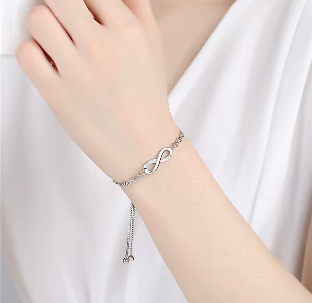 Elegant Infinity Bracelet – 925 Silver Colour with Zircon, Adjustable Minimalist Jewelry