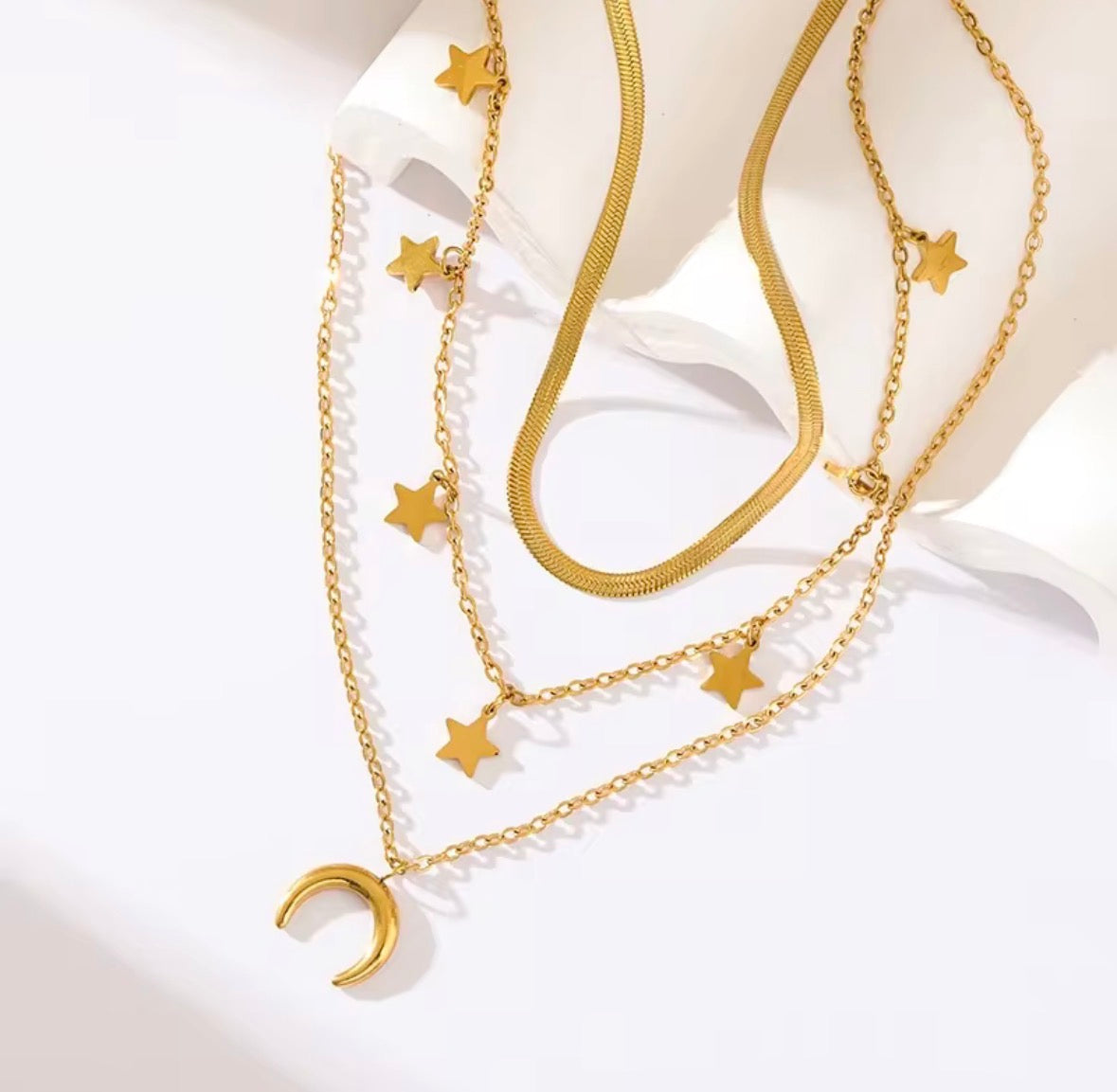 3-in-1 Moon & Stars Layered Gold Necklace – Waterproof 316L Stainless Steel, Tarnish-Free Vintage Style | Sabrina & Shine