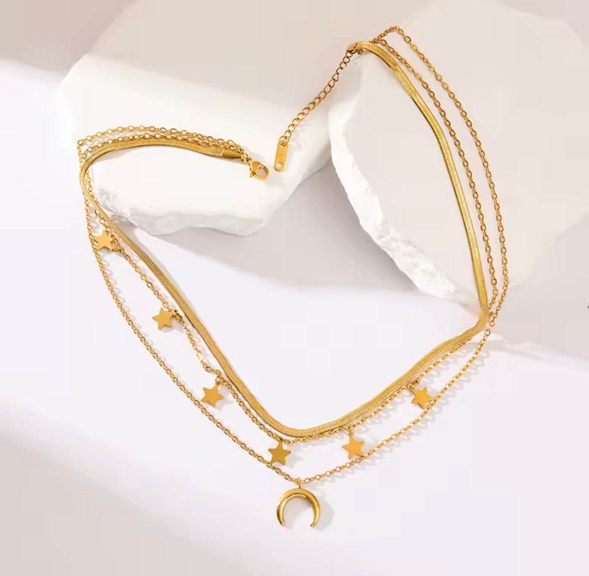 3-in-1 Moon & Stars Layered Gold Necklace – Waterproof 316L Stainless Steel, Tarnish-Free Vintage Style | Sabrina & Shine