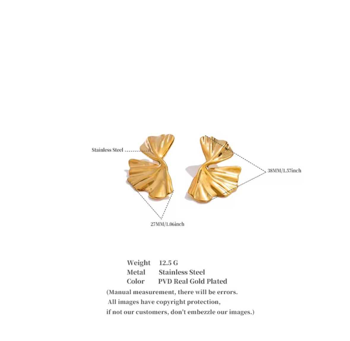 Gold-colored stainless steel butterfly-shaped earrings shown with measurement callouts and product specifications on a plain white background.
