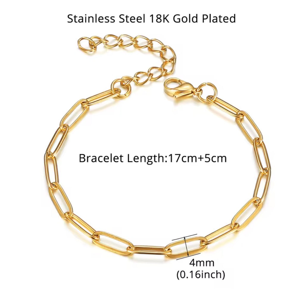 Gold-plated stainless steel paperclip chain bracelet on a white background, with text indicating 18K gold plated, 17cm+5cm bracelet length, and 4mm link size.