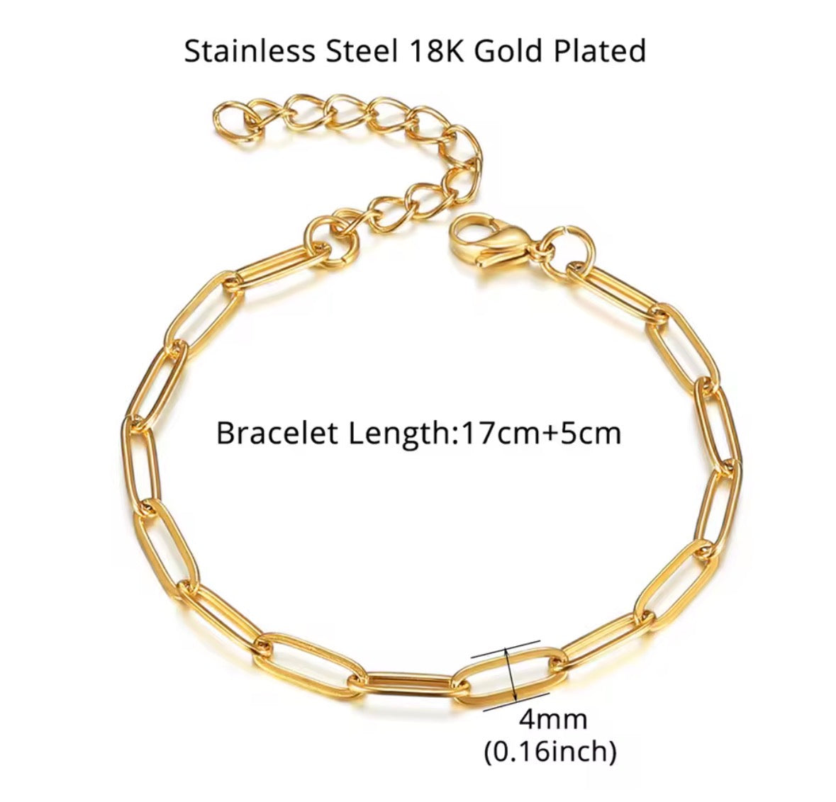 Gold-plated stainless steel paperclip chain bracelet on a white background, with text indicating 18K gold plated, 17cm+5cm bracelet length, and 4mm link size.