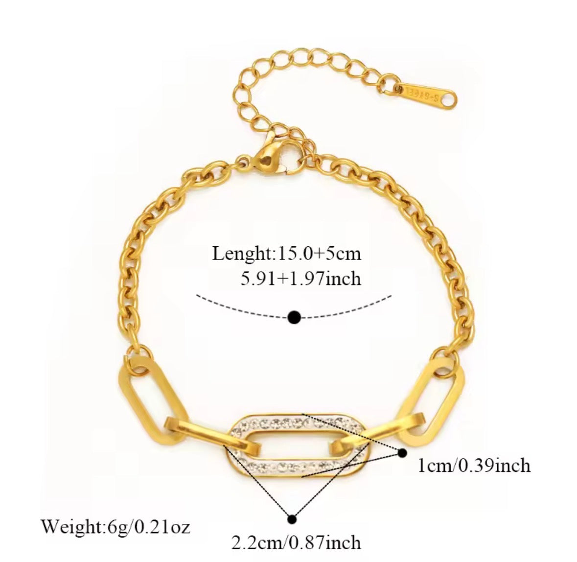 Shop The Maëva Bracelet – a bold 316L stainless steel link bracelet with 18K PVD gold plating and sparkling crystal detail. Waterproof and tarnish-resistant.