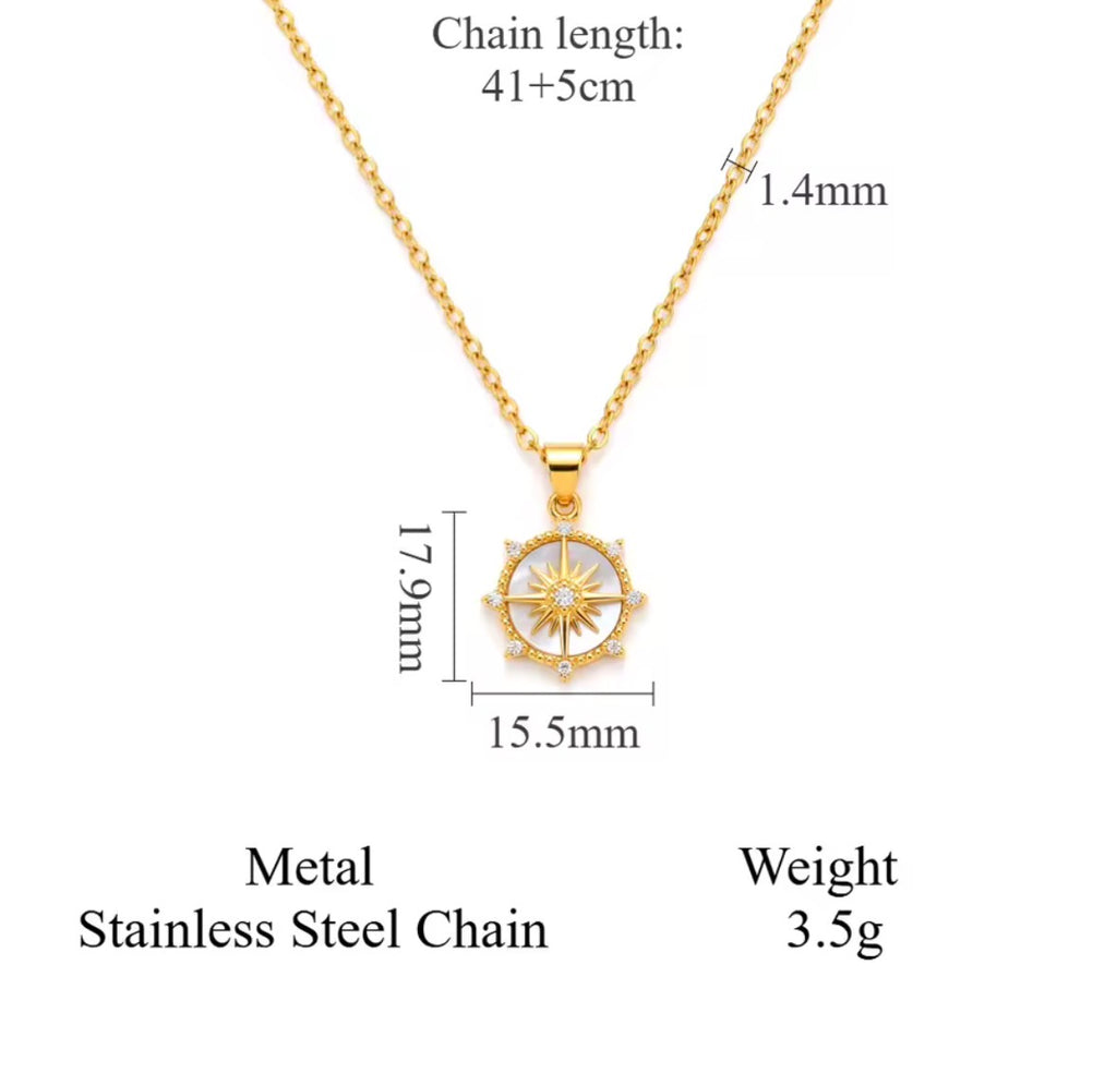 Shop The Polaris Necklace – an 18K PVD gold-plated stainless steel compass pendant with sparkling cubic zirconia. Waterproof, tarnish-resistant and hypoallergenic.