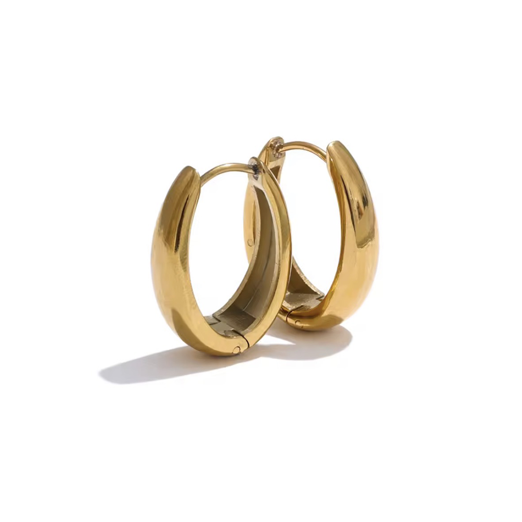 Nova Hoops waterproof 18K PVD gold geometric U-shape hoop earrings crafted from 316L stainless steel, hypoallergenic, tarnish-resistant and perfect for everyday wear.