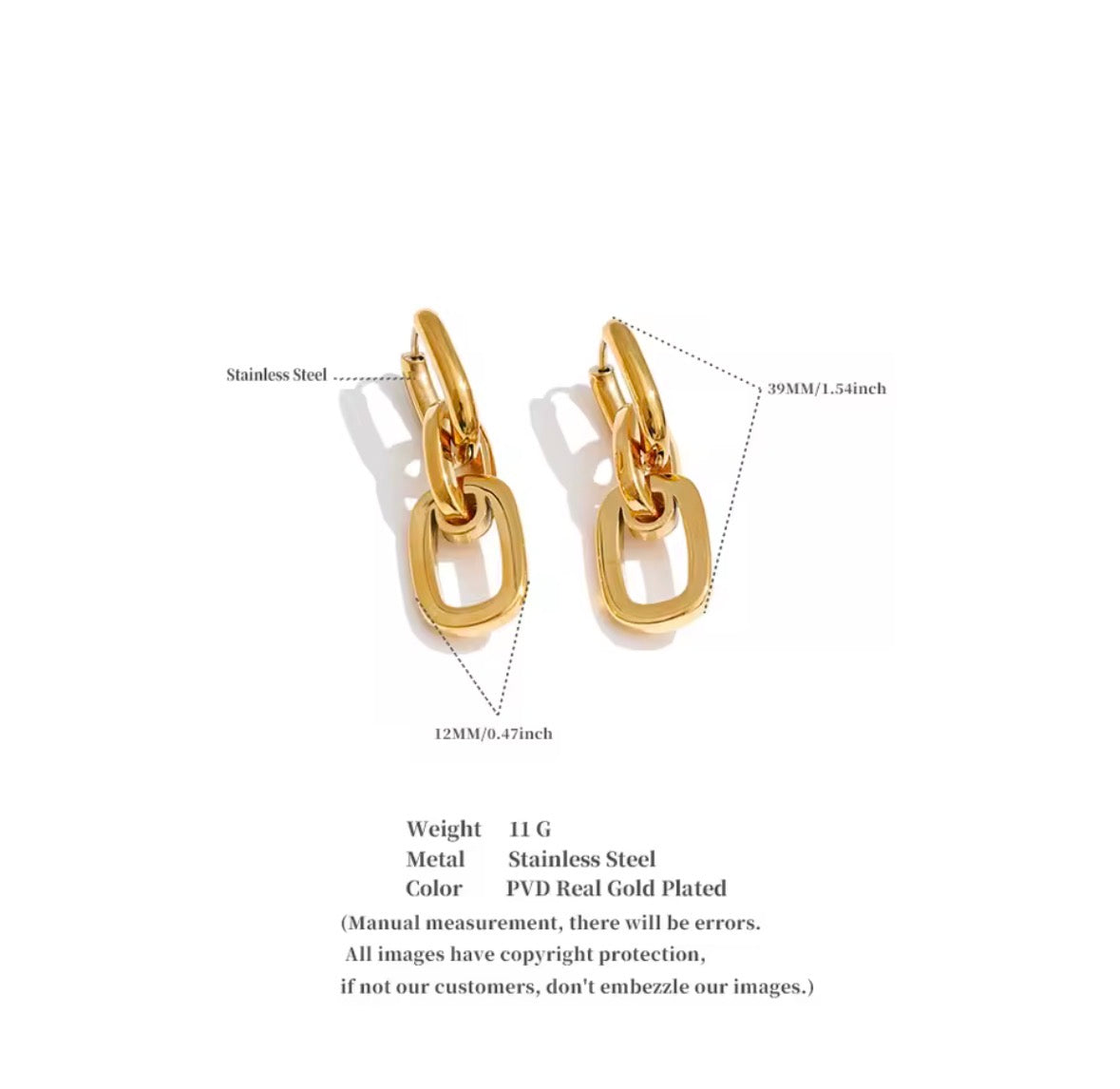 Gold-plated stainless steel link earrings shown on a white background with measurement callouts and product specifications printed below.