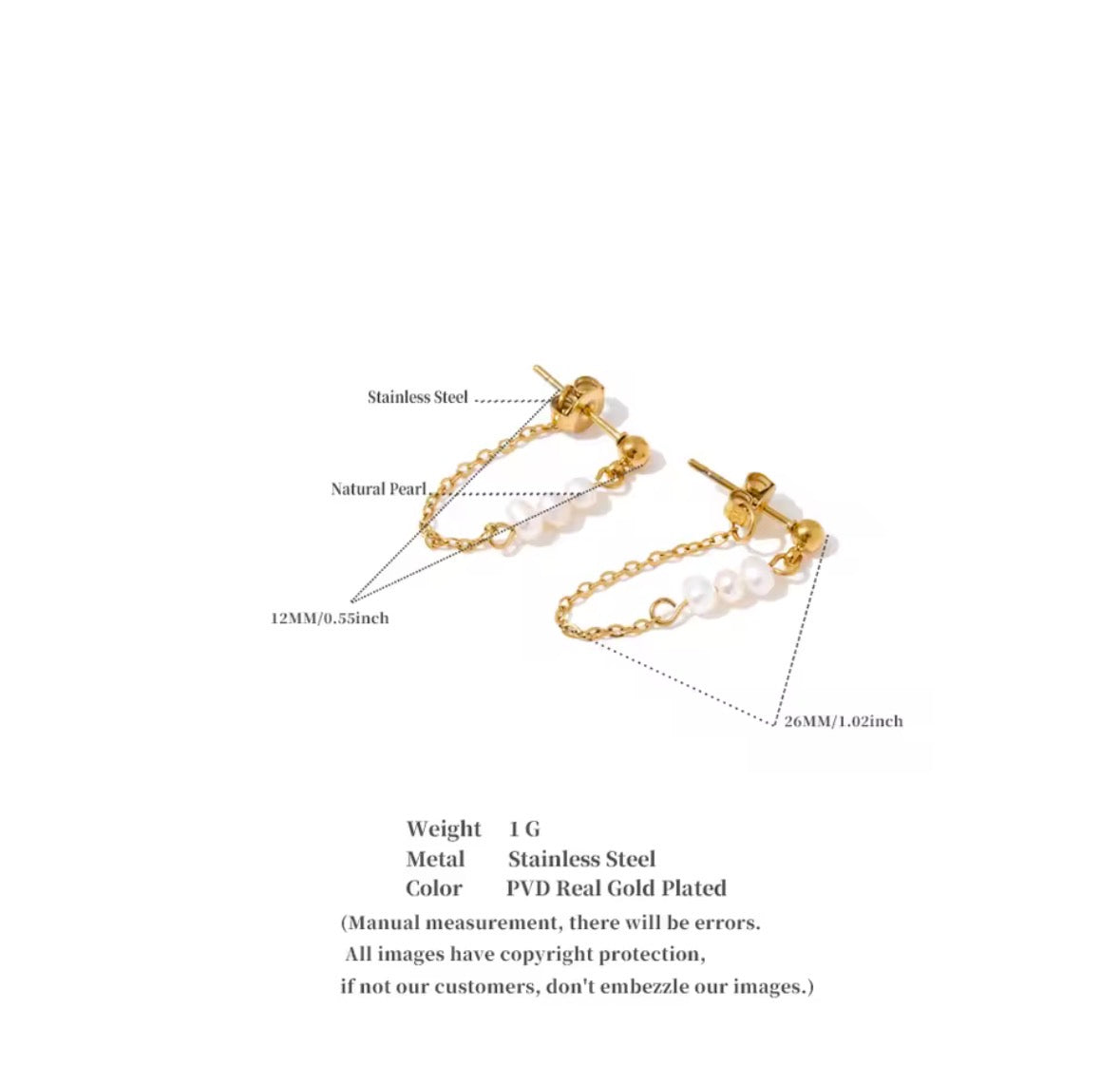 Gold-plated double drop earrings with natural pearl chains, shown with measurement lines and text detailing the product's specifications on a white background.