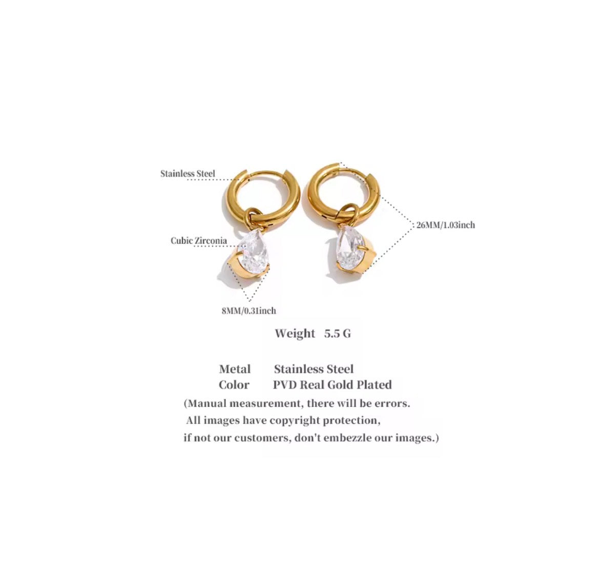 Gold-plated stainless steel hoop earrings with clear cabochon gemstones and dangling crystal charms, shown on a white background with text detailing specifications including weight and material.
