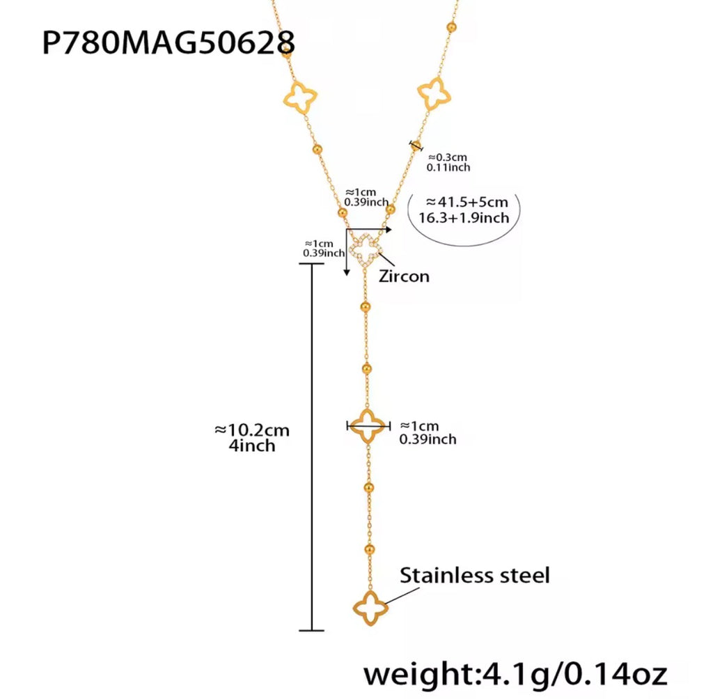 THE BLOOM NECKLACE   A product specification diagram of a gold-toned star pendant necklace with a zircon center stone and stainless steel chain, showing measurements and weight details on a white background.