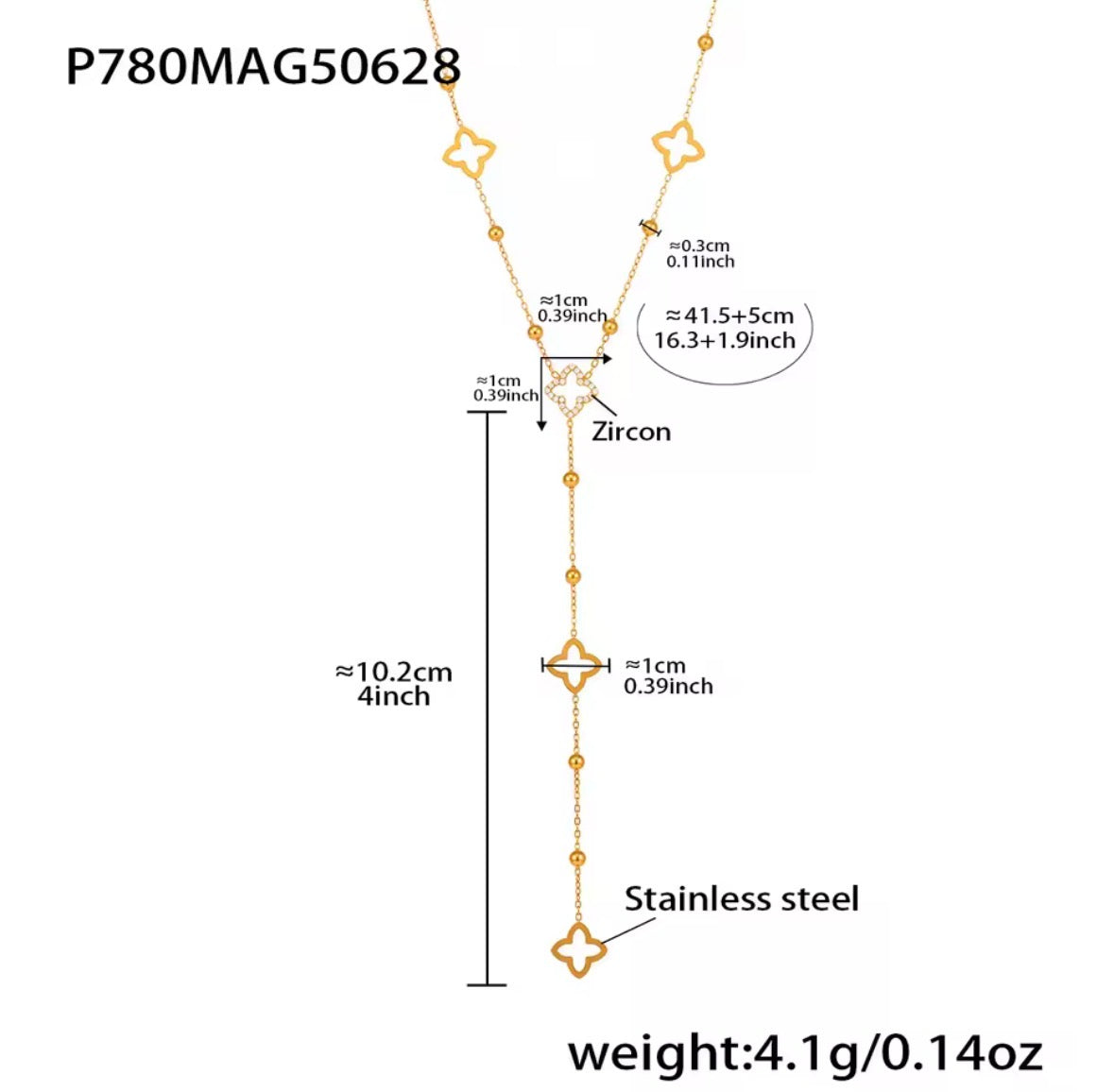 THE BLOOM NECKLACE   A product specification diagram of a gold-toned star pendant necklace with a zircon center stone and stainless steel chain, showing measurements and weight details on a white background.