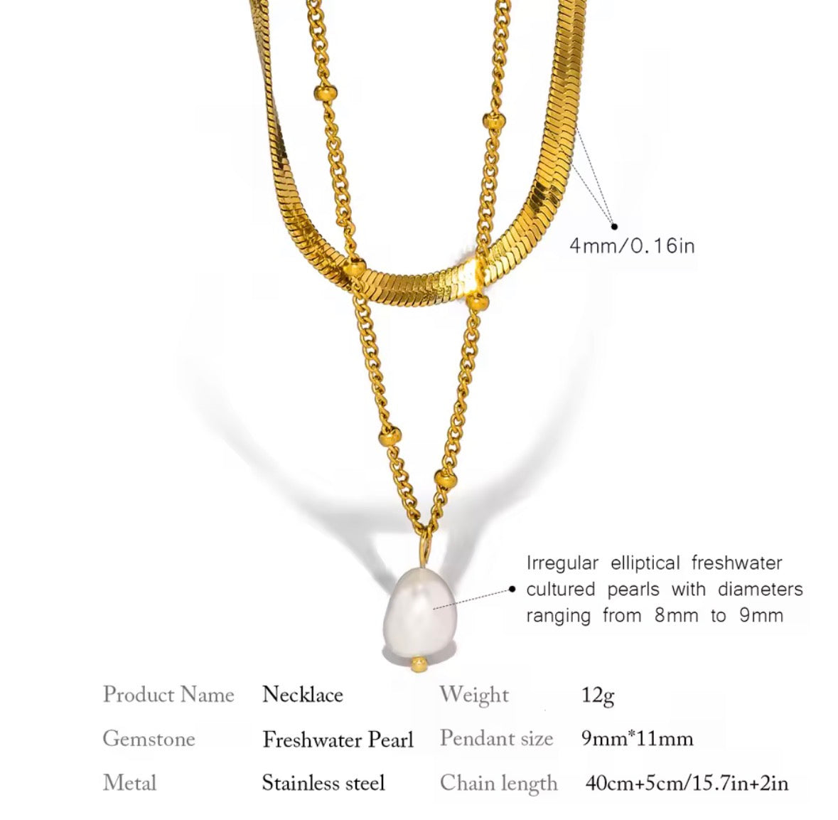 Gold necklace with freshwater pearl pendant on a white background
