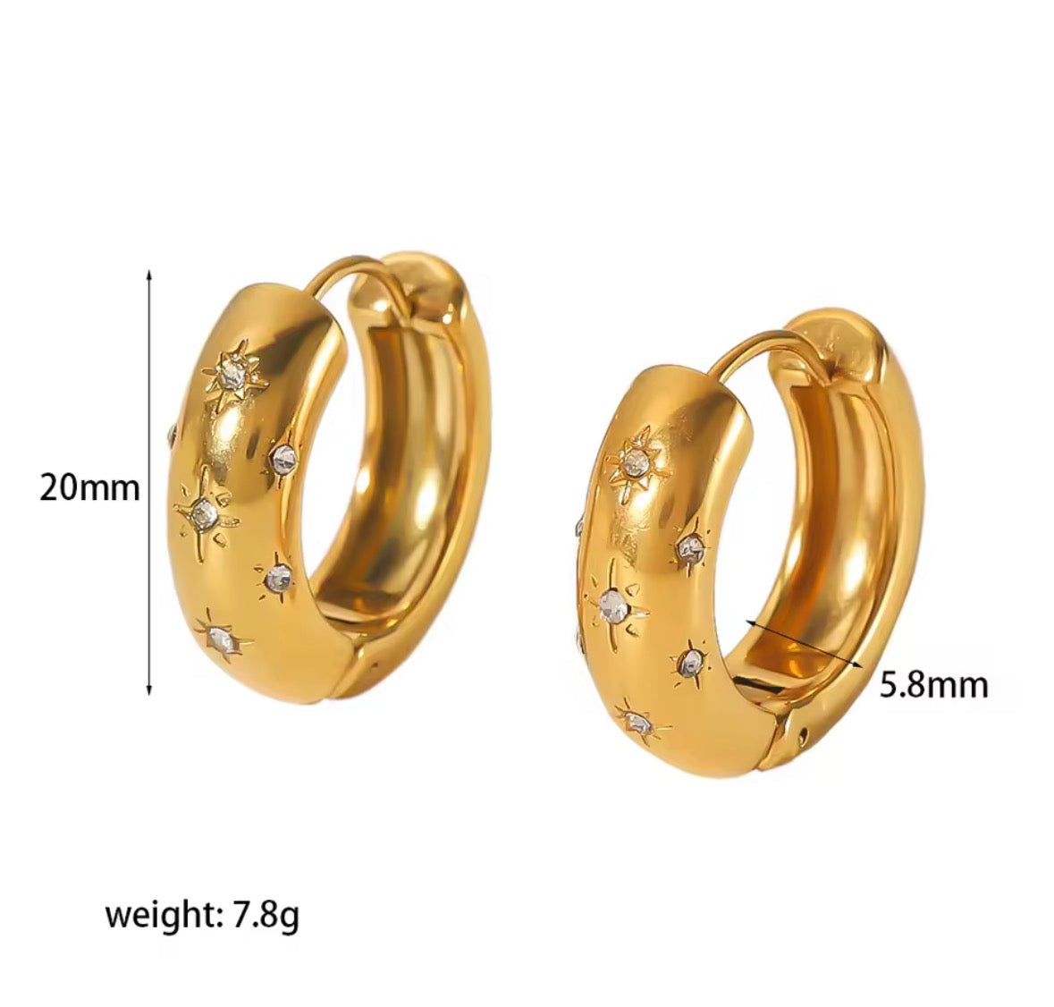The Aurora Hoops Gold hoop earrings with star designs, shown with measurements and weight on a white background.