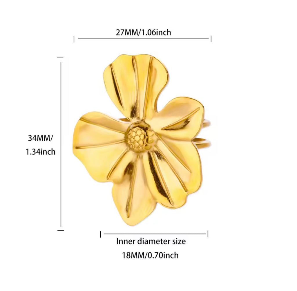 The Camellia Ring Gold flower-shaped brooch with measurements on a white background