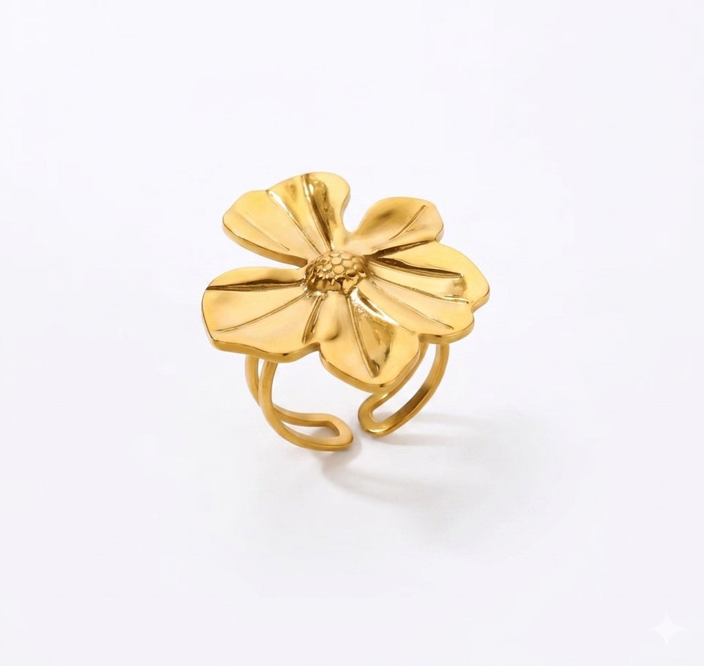The Camellia Ring | Waterproof Gold Floral Statement Ring for Women Gold flower-shaped ring on a white background