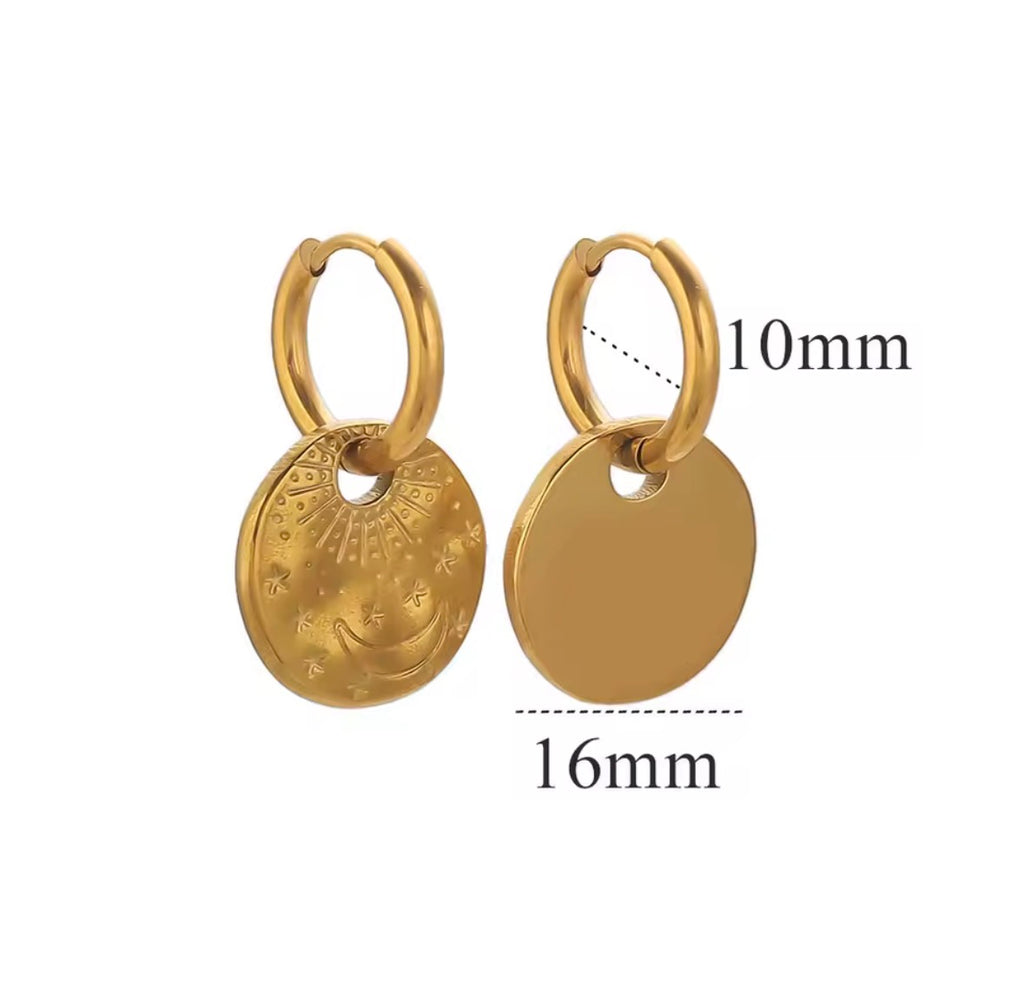 The Celeste Hoops Gold hoop earrings with circular pendants, showing measurements on a white background.