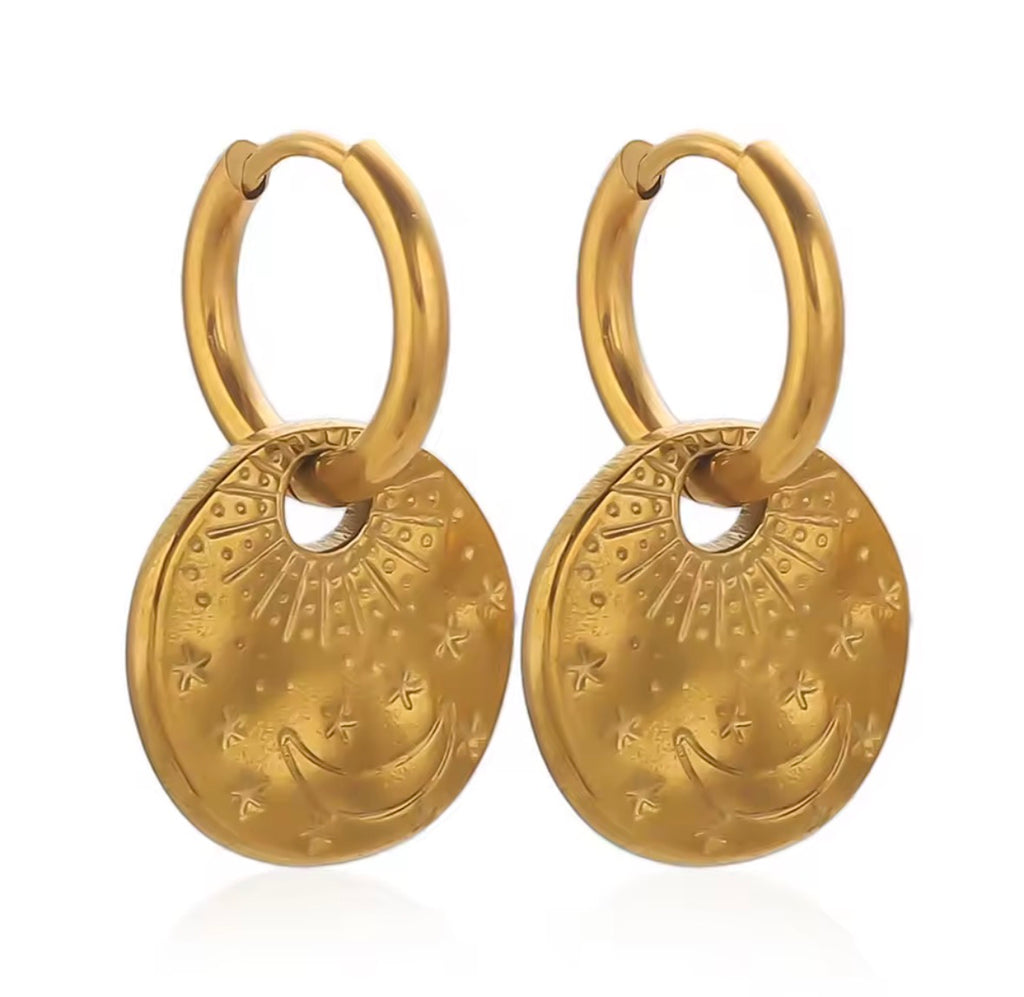 The Celeste Hoops | Waterproof Gold Hoop Dangle Earrings for Women on a white background