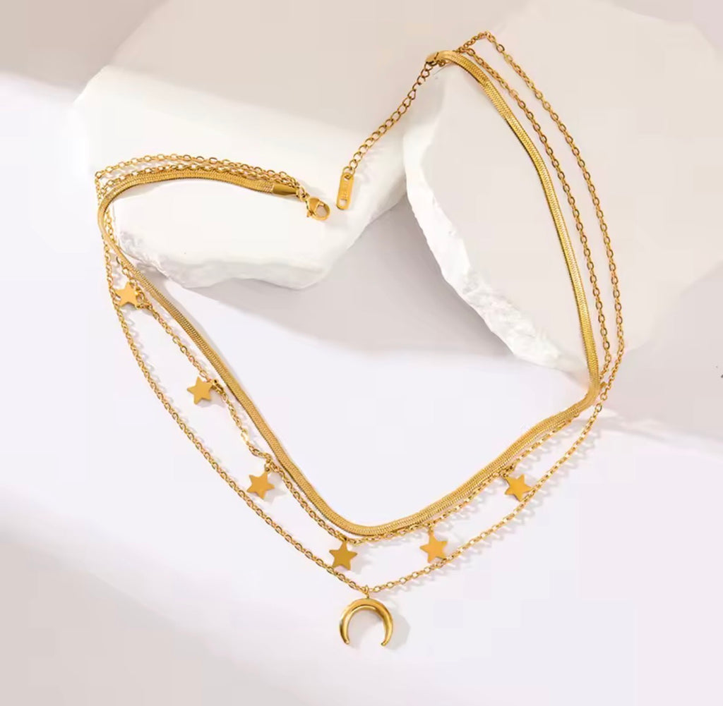 The Celestia Necklace | Waterproof Layered Moon & Stars Necklace   on a white background