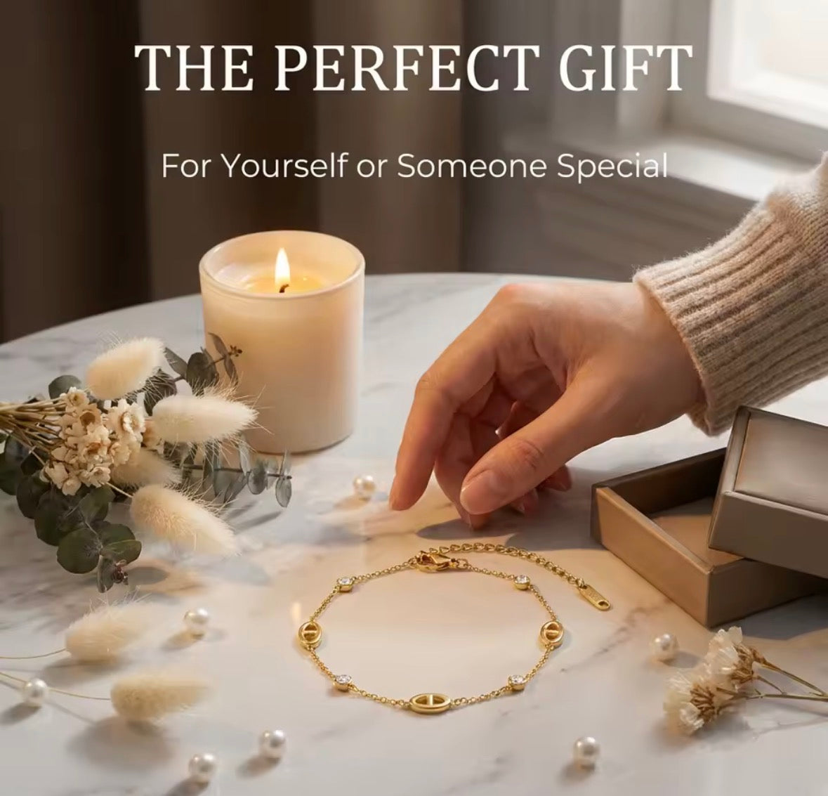 Shop The Celestine Bracelet – an elegant gold-tone stainless steel bracelet with geometric oval motifs and sparkling white zircon accents. Adjustable and hypoallergenic.