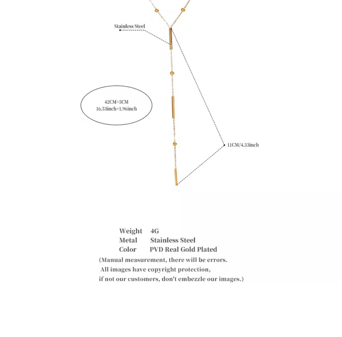 The Elisse Necklace  A product diagram showing a stainless steel jewelry chain with gold-plated accents, labeled with dimensions and specifications including weight 4G, metal Stainless Steel, and color PVD Real Gold Plated.