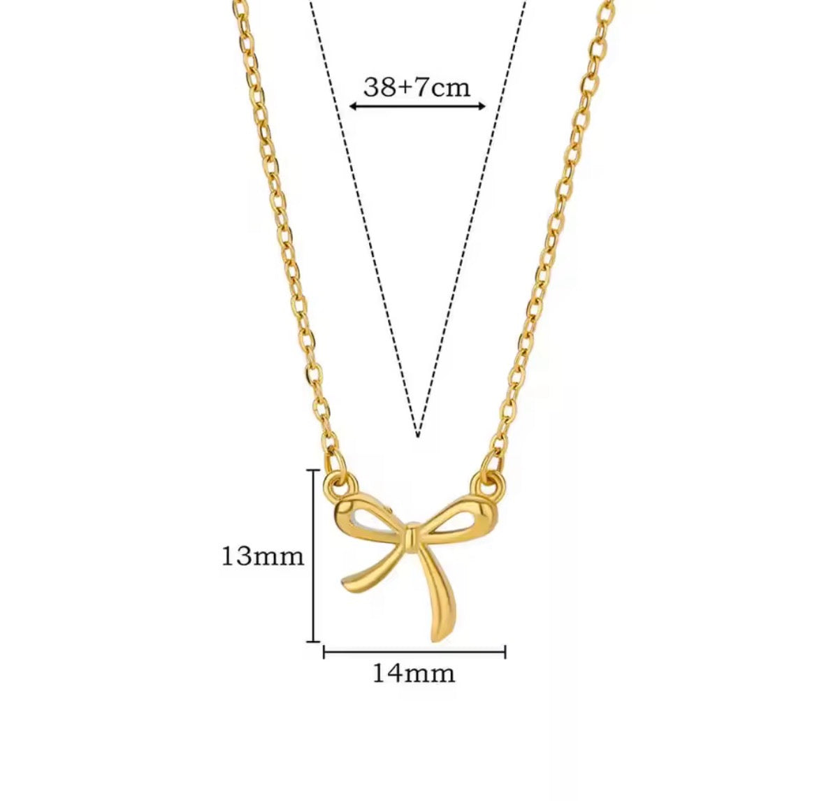 The Eloise Necklace Gold bow-shaped necklace with measurements on a white background