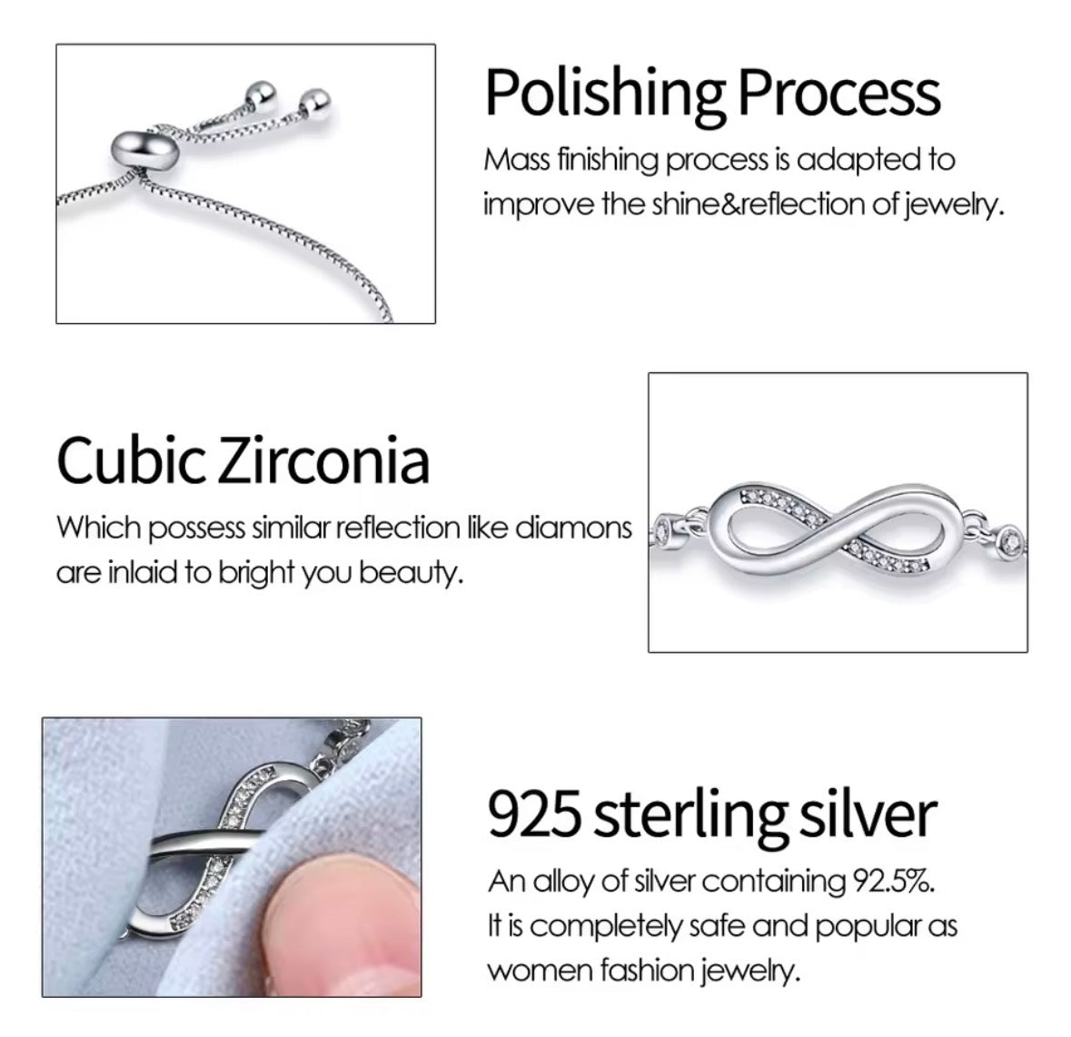 The Endless Love Bracelet Jewelry with polishing process, cubic zirconia, and 925 sterling silver details.
