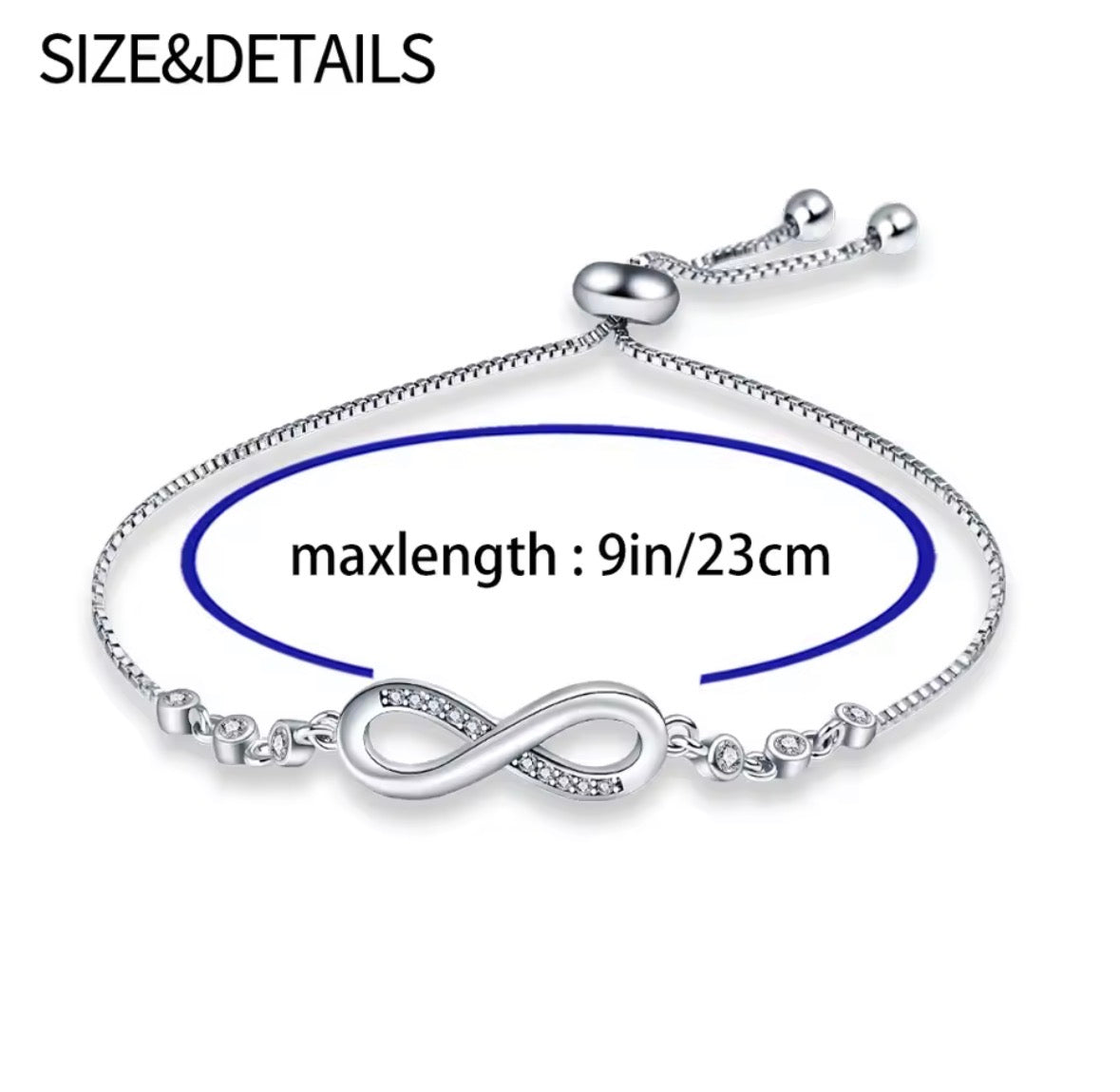 The Endless Love Bracelet  Silver bracelet with infinity symbol and size details on a white background