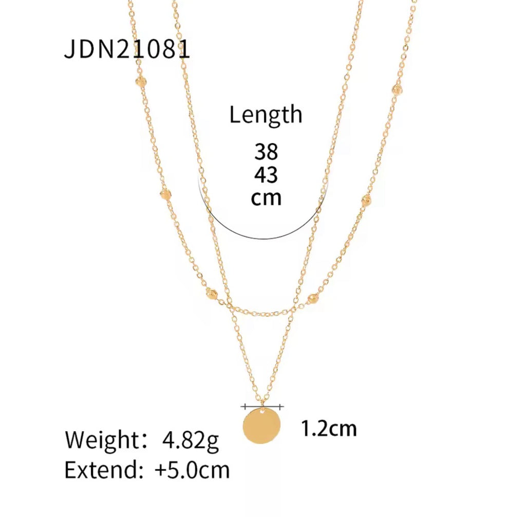 The Evienne Necklace Gold necklace with measurement details on a white background
