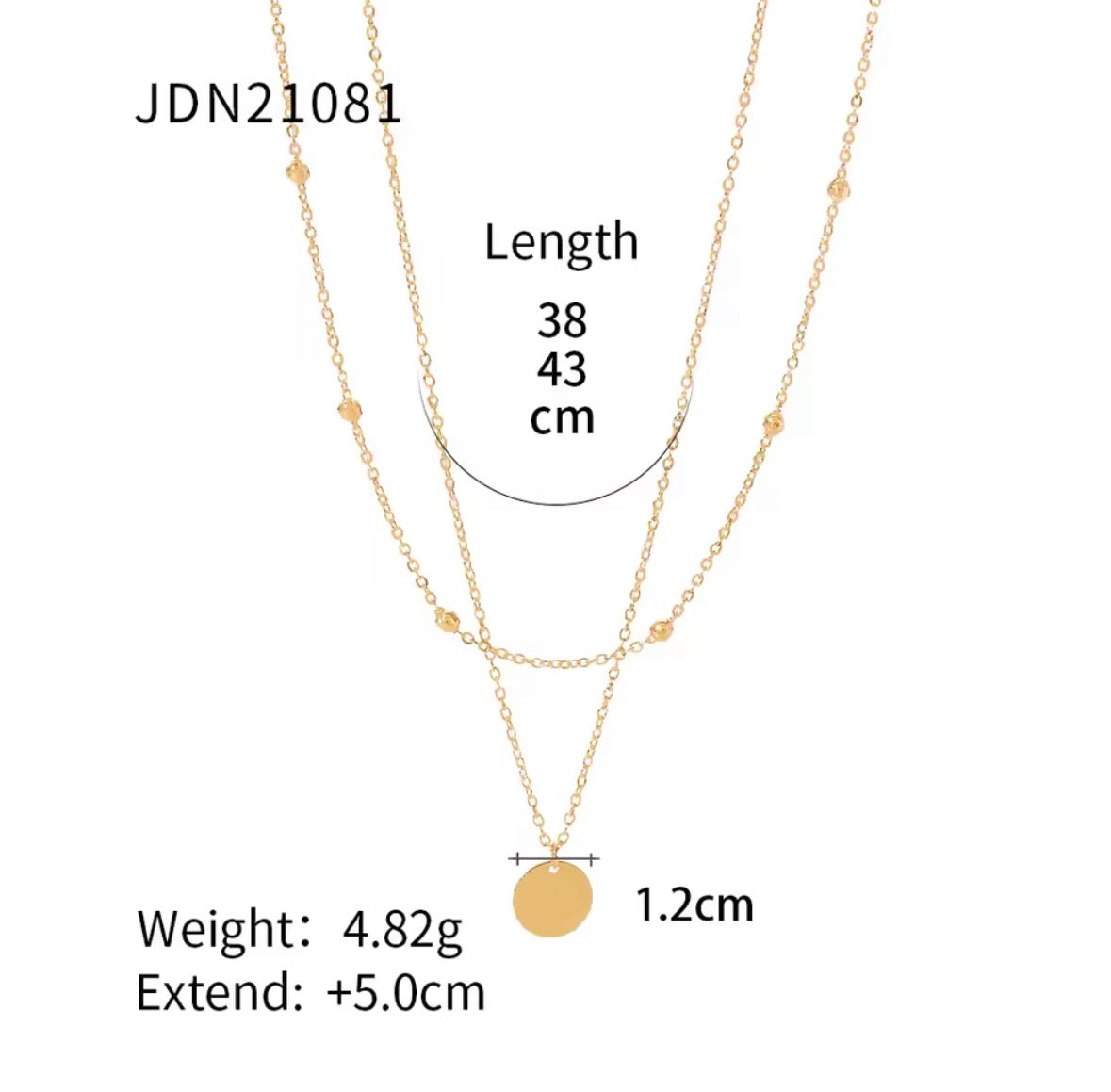 The Evienne Necklace Gold necklace with measurement details on a white background