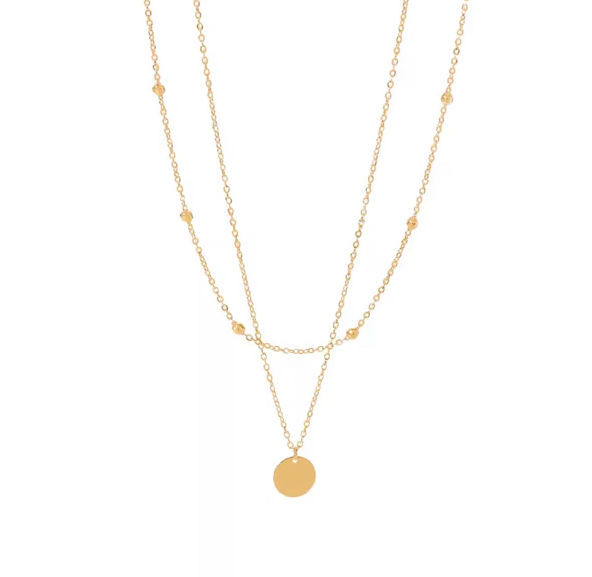 The Evienne Necklace | Waterproof Layered Gold Disc Pendant Necklace for Women Gold necklace with a round pendant on a white background
