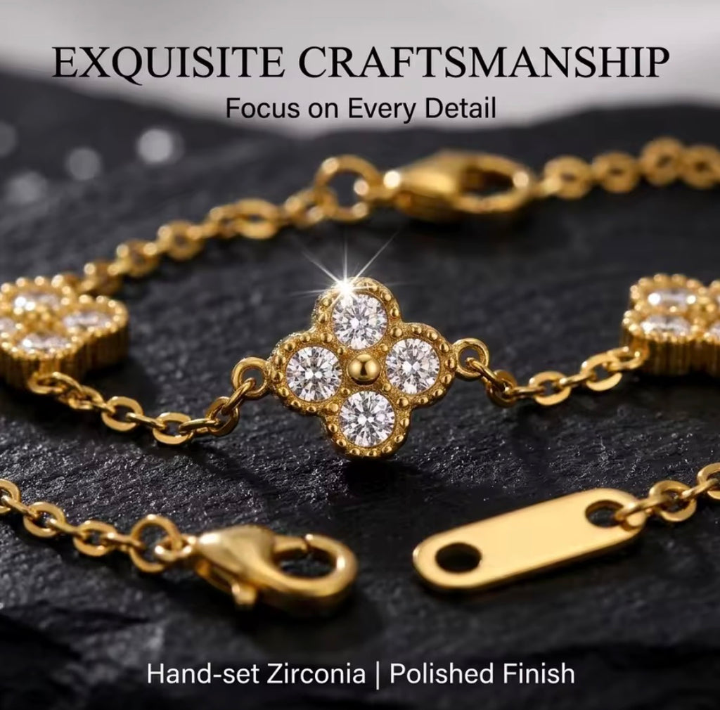 Shop The Florielle Bracelet – a delicate gold-tone stainless steel bracelet with sparkling cubic zirconia flowers. Adjustable, hypoallergenic and perfect for gifting.