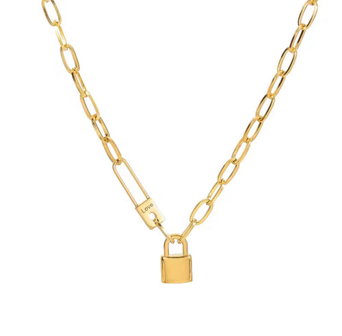 The Heartlock Necklace | Waterproof Heart Lock Pendant Necklace for Women Gold chain necklace with a padlock pendant on a white background