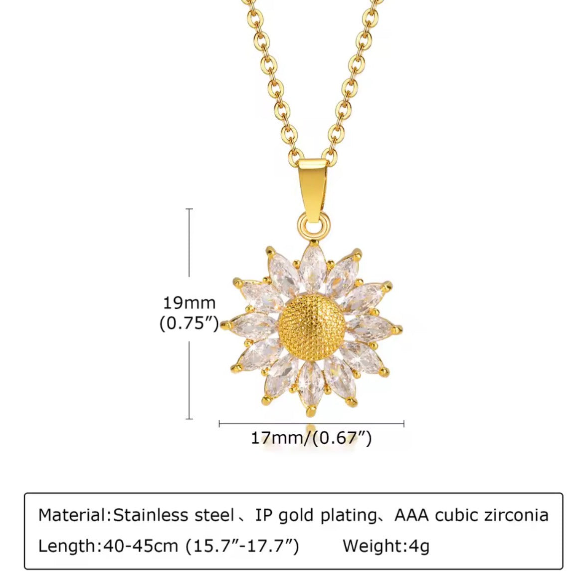 Shop The Helia Necklace, a waterproof stainless steel sunflower pendant necklace with 18K gold plating and sparkling crystal detail. Elegant and gift-worthy.