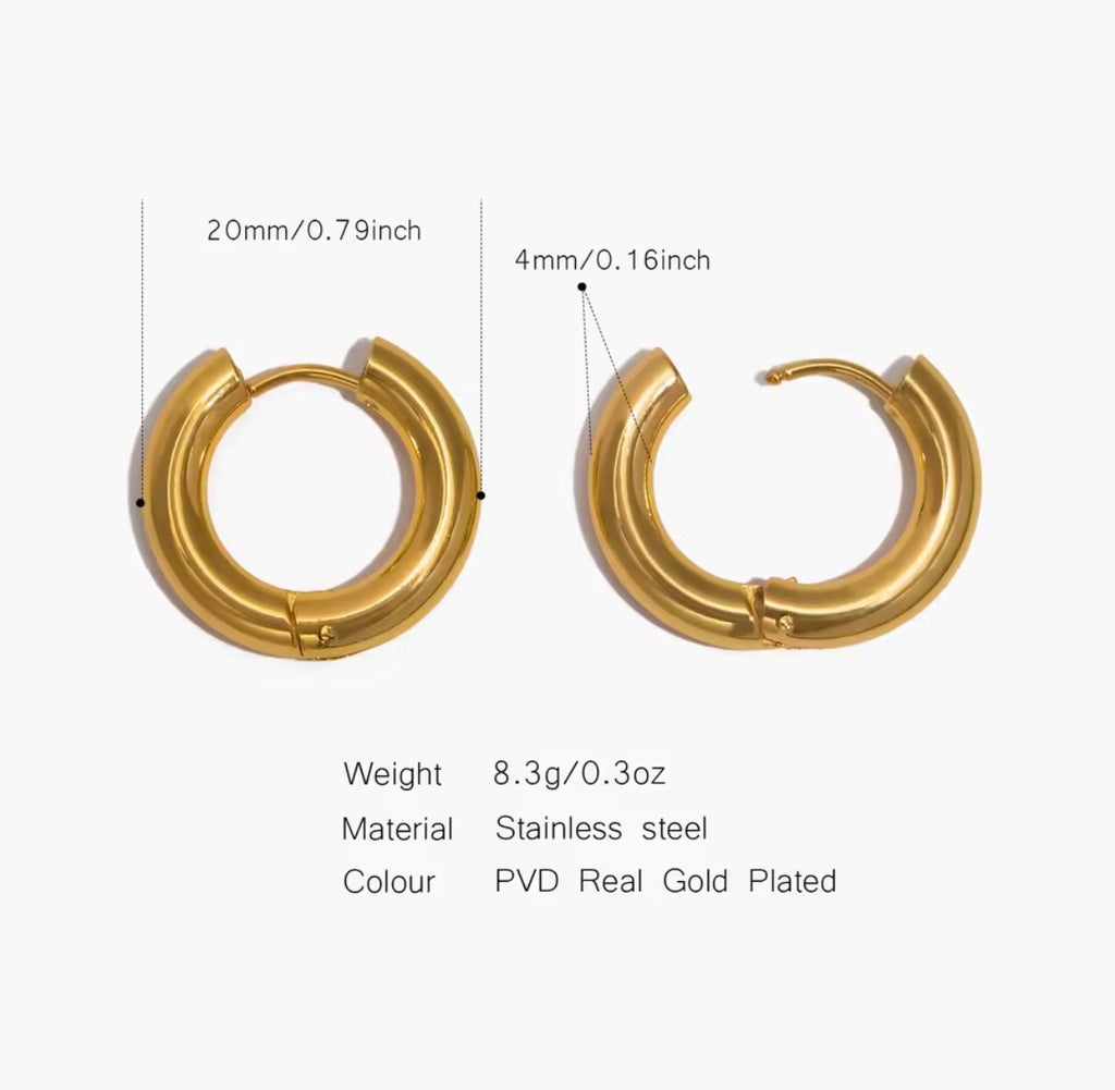  The Jolie Hoops Gold hoop earrings with measurements and material details on a white background