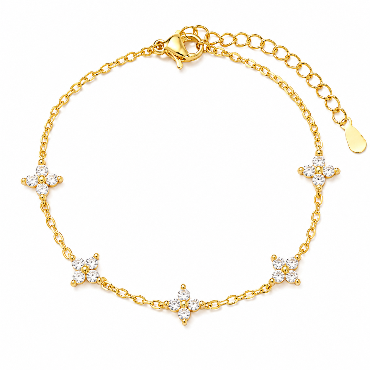 The Linnea bracelet with five star-shaped floral clusters set with clear stones, displayed on a clean white background.
