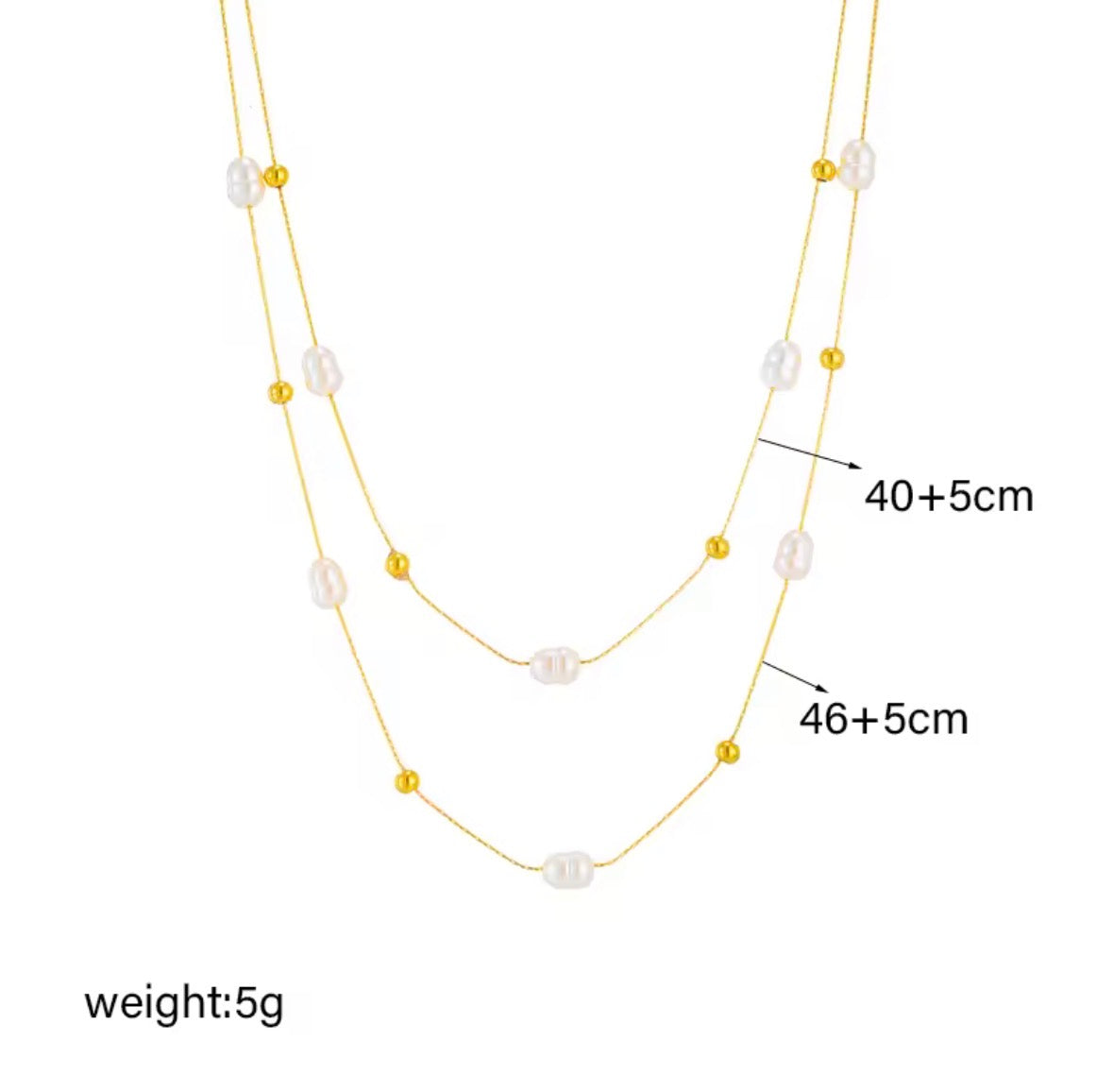 The Marceline Necklace   Gold and pearl necklace with measurements on a white background