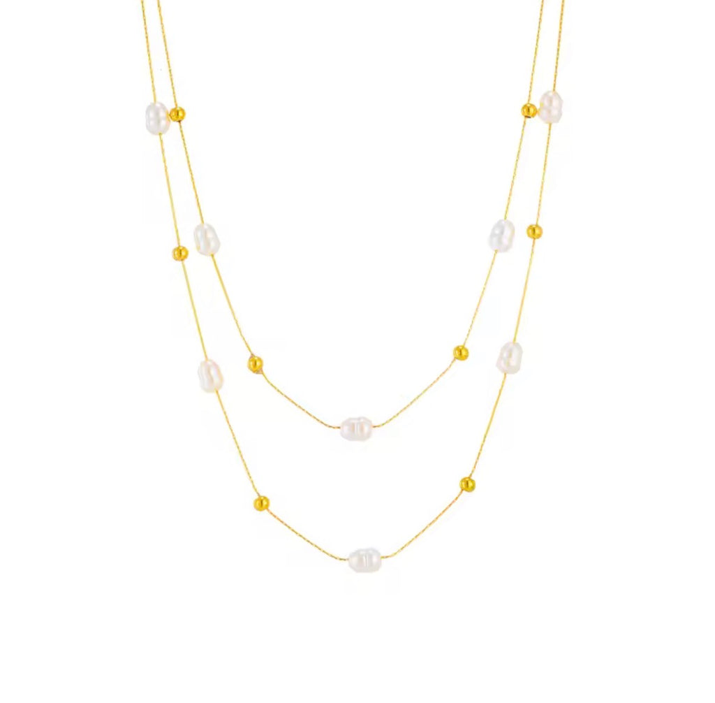 The Marceline Necklace | Waterproof Layered Pearl Choker Necklace for Women: Two-layered pearl necklace with gold beads on a white background