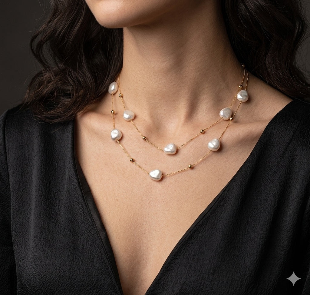 The Mirabelle Necklace Pearl necklace worn by a person against a dark background