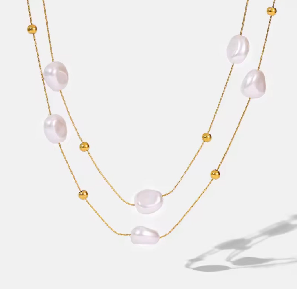 The Mirabelle Necklace | Waterproof Layered Pearl Necklace for Women Two layered pearl necklaces with gold beads on a light gray background