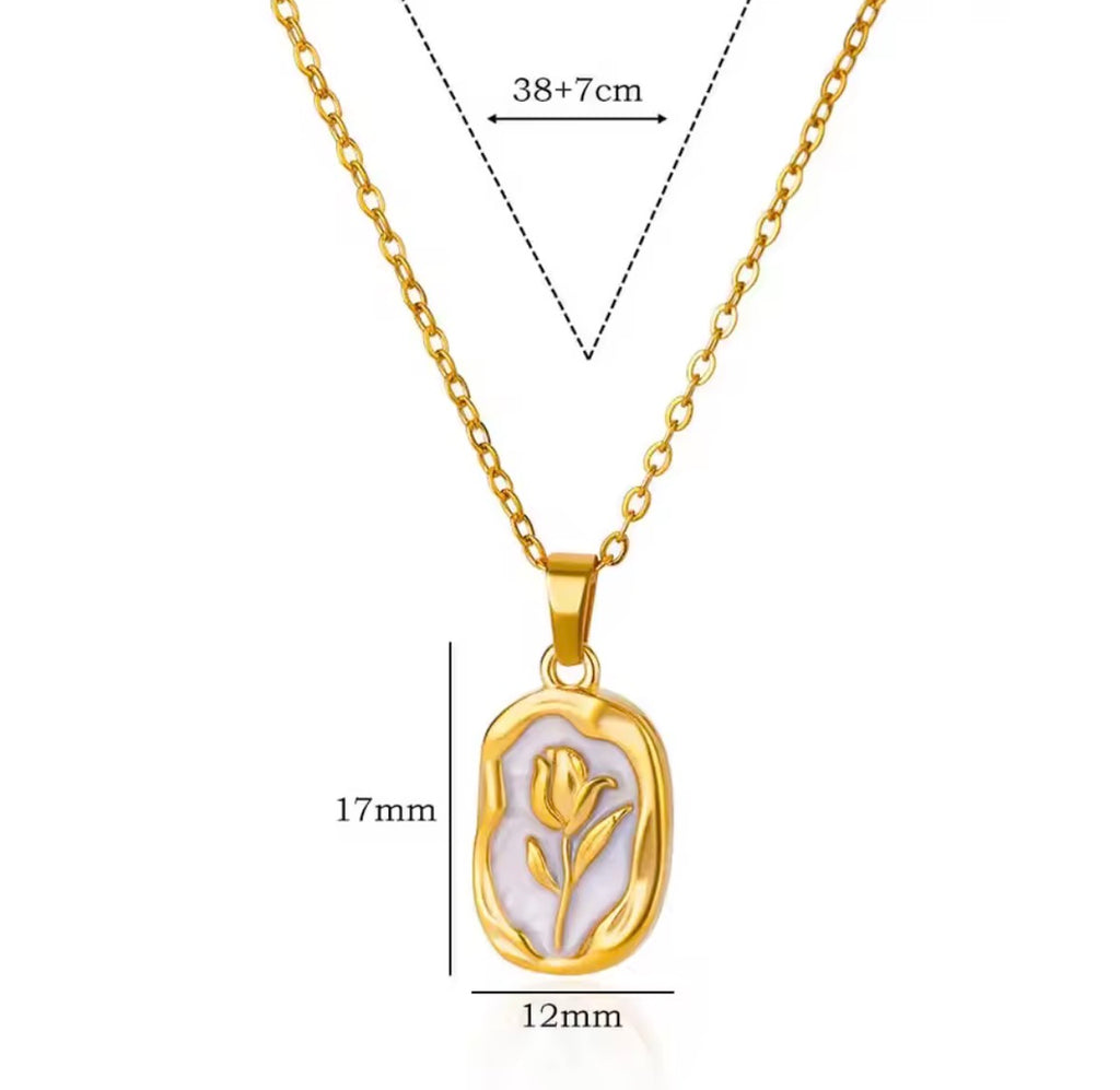 The Rosalie Necklace with a pendant featuring a tulip design, shown with measurements on a white background.