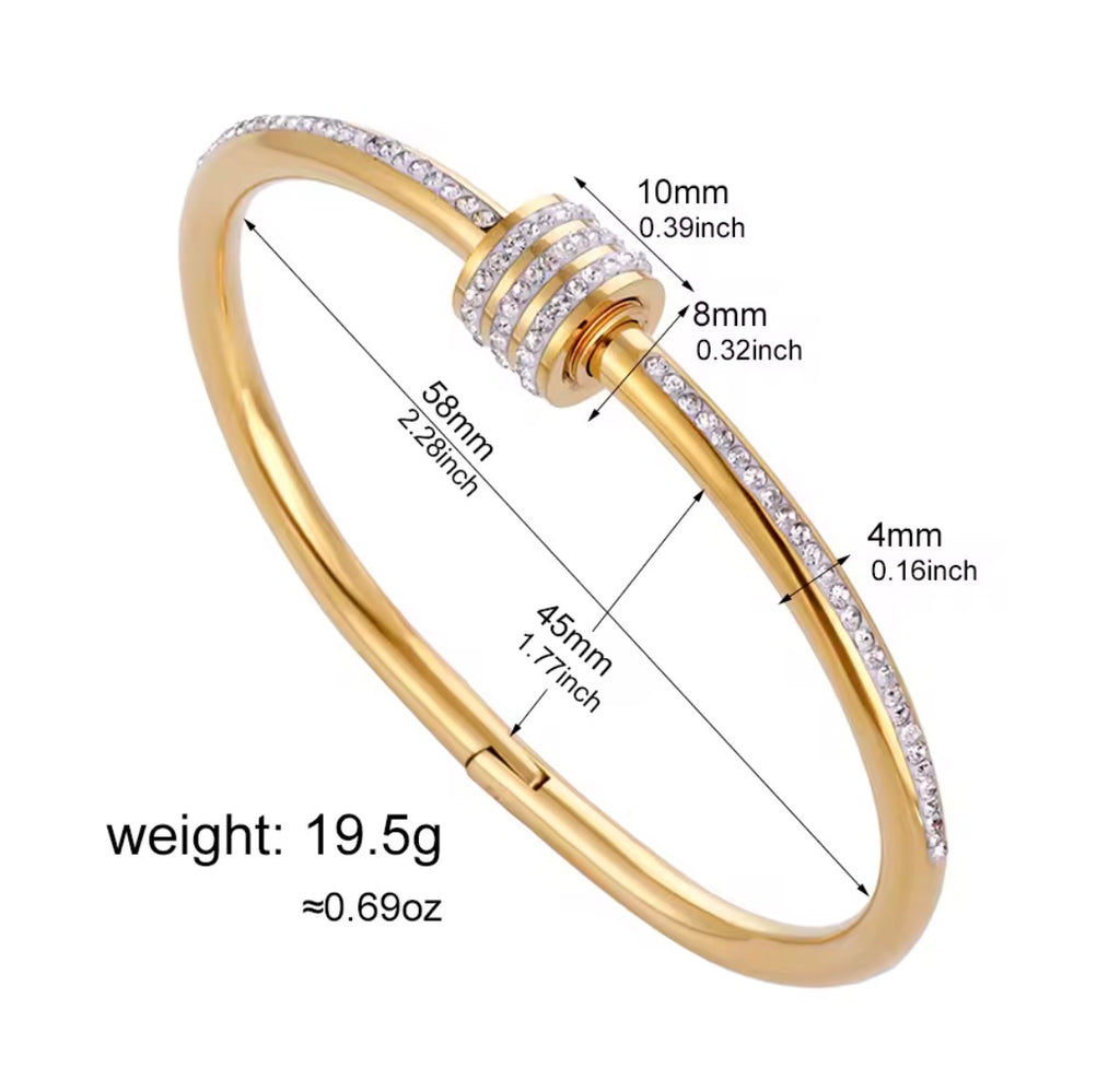  The Selene Bangle   Gold bracelet with measurements and weight displayed on a white background